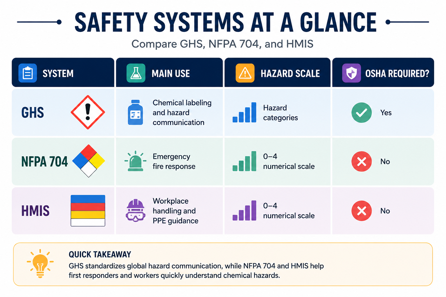 Infographic comparing GHS, NFPA 704, and HMIS safety systems across system, main use, hazard scale, and OSHA requirement.