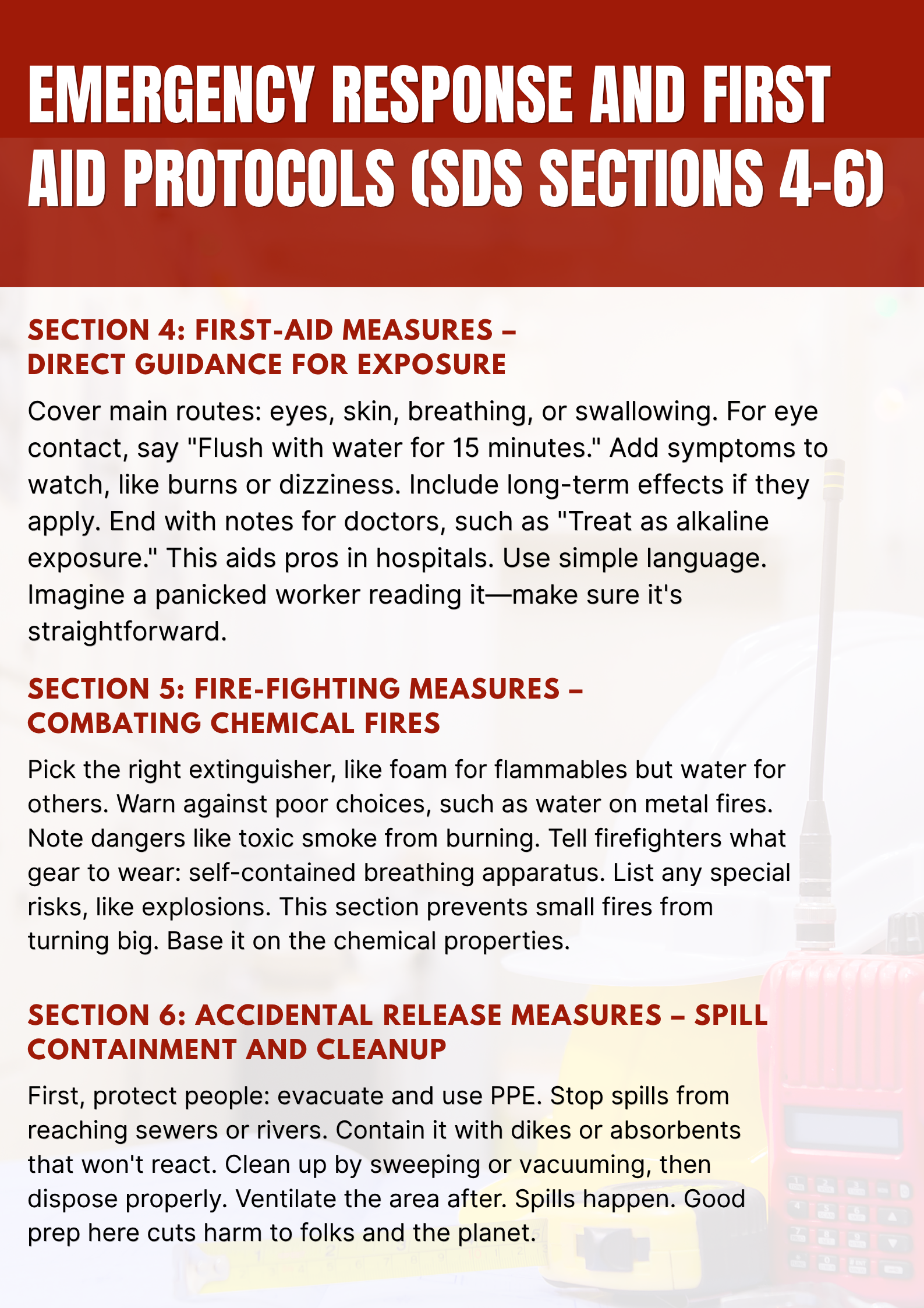 Emergency Response and First Aid Protocols (SDS Sections 4-6)
