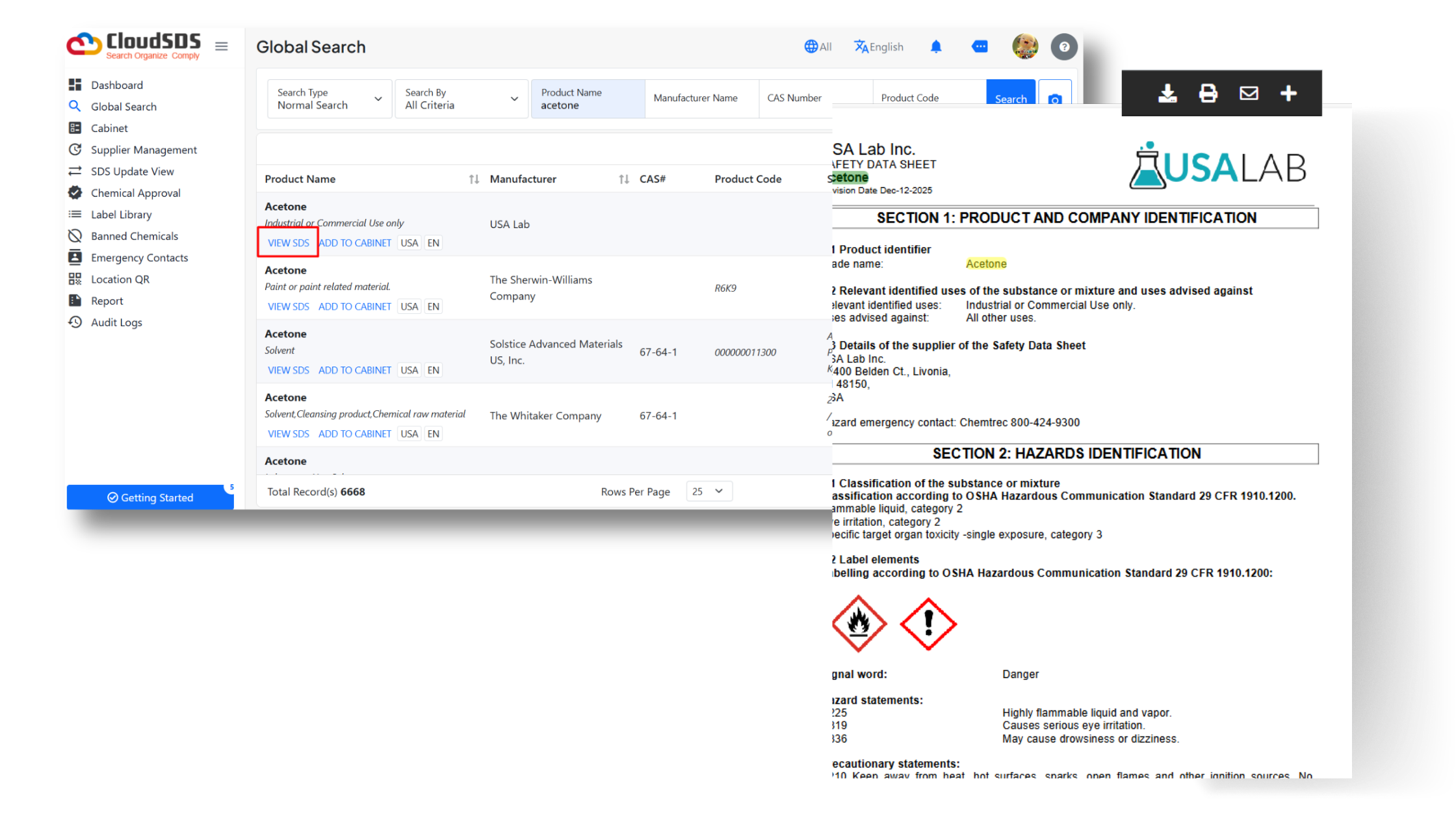 How does our Safety Data Sheet Search Work Screenshot of a safety data system showing a Global Search results table for acetone, with a 'VIEW SDS' link and 'ADD TO CABINET' actions, alongside a separate safety data sheet document on the right.