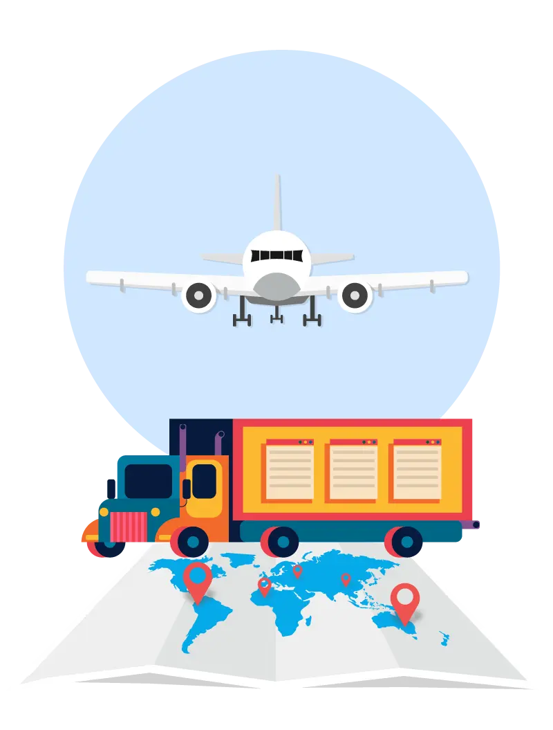 2485447 Global logistics illustration with an airplane above a delivery truck and a world map with location pins, depicting international shipping.